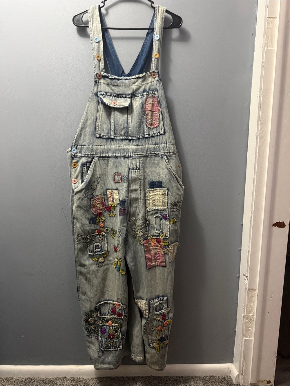 Women’s Blue Velvet Relaxed Light Blue Denim Overalls with Colorful Patchwork